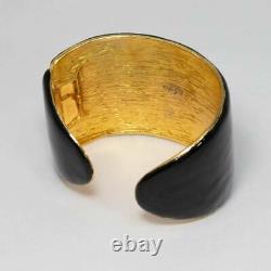 KJL Kenneth Jay Lane Black Enamel Crystal and Resin Scarab Cuff Bracelet in Gold