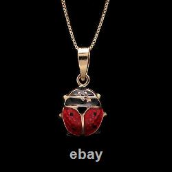 Ladybug Pendant 14K Yellow Gold Red Black Enamel Charm 16 Box Chain Necklace