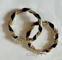 Large 14K Yellow Gold Black Enamel Twisted Hoop Earrings 4.7g
