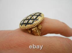 Large Heavy Estate 14k Solid Yellow Gold Black Enamel & Diamond Ring Size 6.5