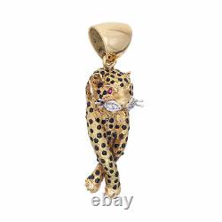 Leopard Pendant Vintage 18k Yellow Gold Diamond Ruby Eyes Black Enamel Animal