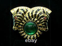 Ltd Ed. Trifari Black Enamel Emerald Green Cabochon Gold Plate Zebra Brooch Tf8