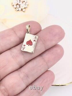 Lucky 14k Yellow Gold, Ace of Hearts 2 Sided (Red/Black) Card Enameled Pendant