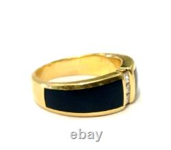 MELE 18K Yellow Gold 3 Princess Cut Diamond Black Enamel Band Ring Size 6.5