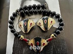 MONET Black Resin Bead & Enamel Necklace & Earrings 1980s Vintage, Book Piece