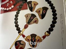 MONET Black Resin Bead & Enamel Necklace & Earrings 1980s Vintage, Book Piece