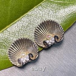 Marcel Boucher Vintage Clip-On Seashell Faux Pearl Crystal Earrings Gold Plated