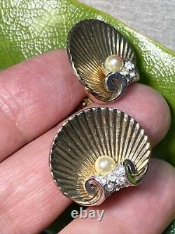 Marcel Boucher Vintage Clip-On Seashell Faux Pearl Crystal Earrings Gold Plated