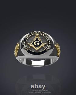 Masonic Ring AF & AM Freemason Masonry Silver 925 24K-Gold Plated, black enamel