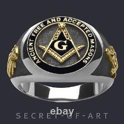 Masonic Ring AF & AM Freemason Masonry Silver 925 24K-Gold Plated, black enamel