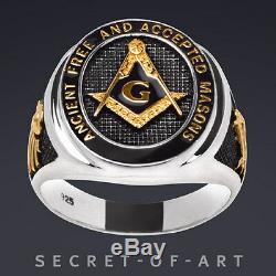 Masonic Ring Freemason AF & AM Silver 925 Black Enamel, 24K-Gold-Plated Parts