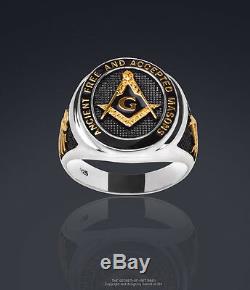 Masonic Ring Freemason AF & AM Silver 925 Black Enamel, 24K-Gold-Plated Parts