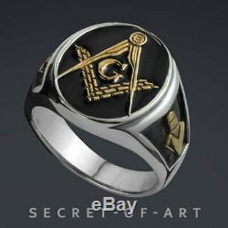 Masonic Ring Sterling Silver 925 Elegant Black Enamel with 24k-Gold-Plated Parts