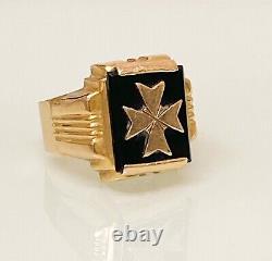 Men Signet 18ct Gold Maltese Cross Ring Black Enamel, Vintage Antique 18K Gold