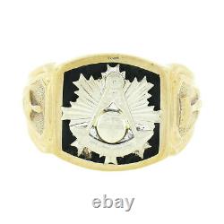 Men's Antique 14K Two Tone Gold Black Enamel Detailed Sides Masonic Band Ring