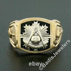 Men's Antique 14K Two Tone Gold Black Enamel Detailed Sides Masonic Band Ring
