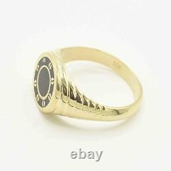 Men's Round Black Enamel Textured Sides Ring Real Solid 10K Yellow Gold