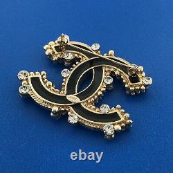 Mid Century Classic Chanel Black Enamel Rhinestone Logo Signature Pin Brooch