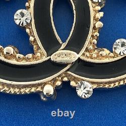 Mid Century Classic Chanel Black Enamel Rhinestone Logo Signature Pin Brooch