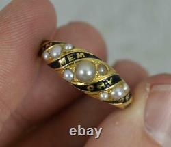 Mid Victorian 18ct Gold Black Enamel and Seed Pearl In Memory Of Mourning Ring