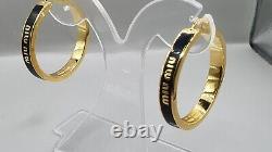 Miu Miu Gold Tone Black Enamel Logo Hoop Earrings