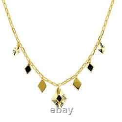 Mix Dangle Black Enamel Rhombus Station Necklace Paperclip Chain 14K Solid Gold