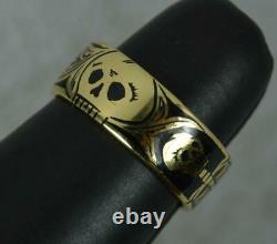 Momento Mori 18 Carat Gold and Black Enamel Skull Skeleton Ring Size L 7mm Wide