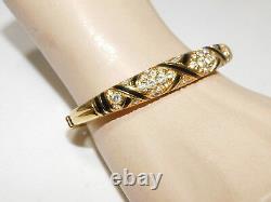 NIB Swarovski SWAN Black Enamel X Crystal Rhinestone Gold Hinged Bangle Bracelet