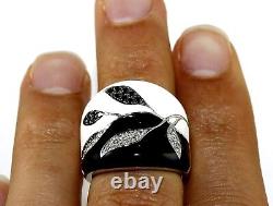 Natural Black & White Enamel & Diamond Leaf Ring Band 18k White Gold. 42Ct