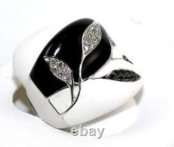Natural Black & White Enamel & Diamond Leaf Ring Band 18k White Gold. 42Ct