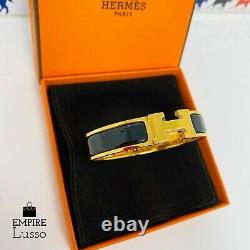 New Hermes CLIC Clac Black Gold Hardware H Narrow Enamel Bracelet Cuff Pm