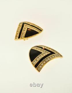 Nina Ricci Vintage Gold Black Enamel Rhinestone Necklace and Earrings Set