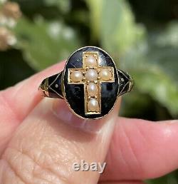 Old Antique 19th Century Gold Split Pearl Cross And Black Enamel Mourning Ring