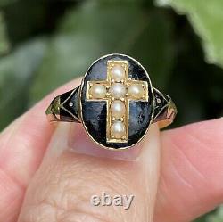 Old Antique 19th Century Gold Split Pearl Cross And Black Enamel Mourning Ring