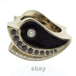 Outstanding New 14k Gold Black and White Diamond Enameled Ring Size 7.5