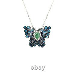 Pear Emerald Cubic Zirconia 925 Sterling Silver Enamel Butterfly Necklace 16inch