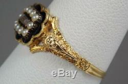 Pretty Antique Georgian 18K Gold Black Enamel Pearl Hair Floral Mourning Ring S8