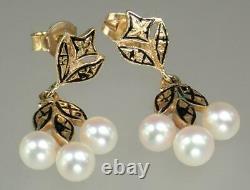 Pretty Antique Victorian 14K Gold Black Enamel Pearl Floral Dangling Earrings