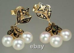 Pretty Antique Victorian 14K Gold Black Enamel Pearl Floral Dangling Earrings