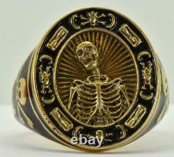 RARE Victorian Memento Mori Skull Skeleton ornate 9k Gold&Black Enamel mens ring