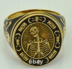 RARE Victorian Memento Mori Skull Skeleton ornate 9k Gold&Black Enamel mens ring