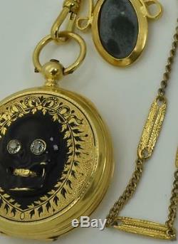 RAREST Georgian Memento Mori/Mourning black enamel Skull 18k gold&diamonds watch