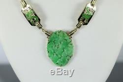 Rare Vintage 14K Gold Black Enamel Natural Green Jade Dragon Necklace Pendant