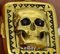 Rare antique Victorian 14k gold&black enamel Memento Mori/Mourning Skull locket