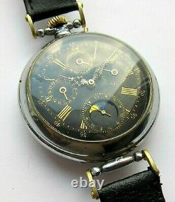 Rare wristwatch ANNUAL CALENDAR on base pocket watch, black enamel dial, 52 mm
