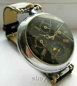 Rare wristwatch ANNUAL CALENDAR on base pocket watch, black enamel dial, 52 mm