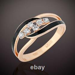 Russian solid rose gold 585 /14ct black enamel, CZ ring NWT Beautiful