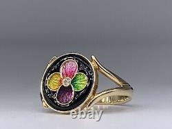 Signed 14K Yellow Gold Onyx and enamel flower ring size 6