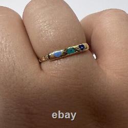 Solid 14K Yellow Gold Blue Enamel Hearts Evil Eye Stackable Ring Size 8