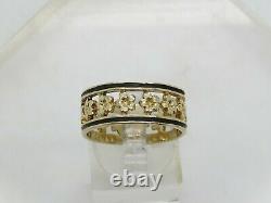Solid 14k Yellow Gold Flower Black Enamel Inlay Edging 8.7mm Band Ring Size 9